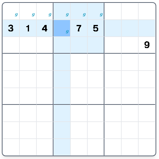Step 1: Several 9 candidates along the top row