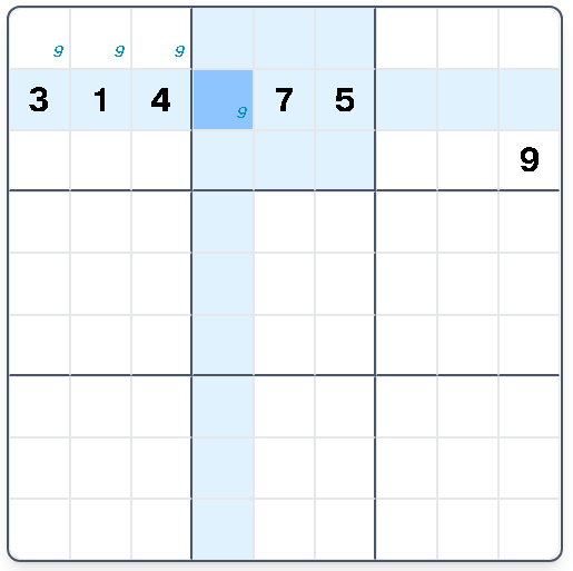 Step 2: Three cells form the {1,4,9} triple; clear others