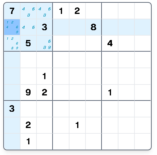 Step 1: In the top-left box/column, two digits occur only in two cells