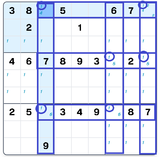Step 1: Scan candidates for 1 — three rows share the same three columns