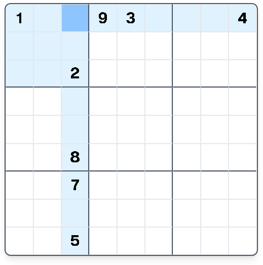 Step 1: Target cell; eliminate by row/column/box
